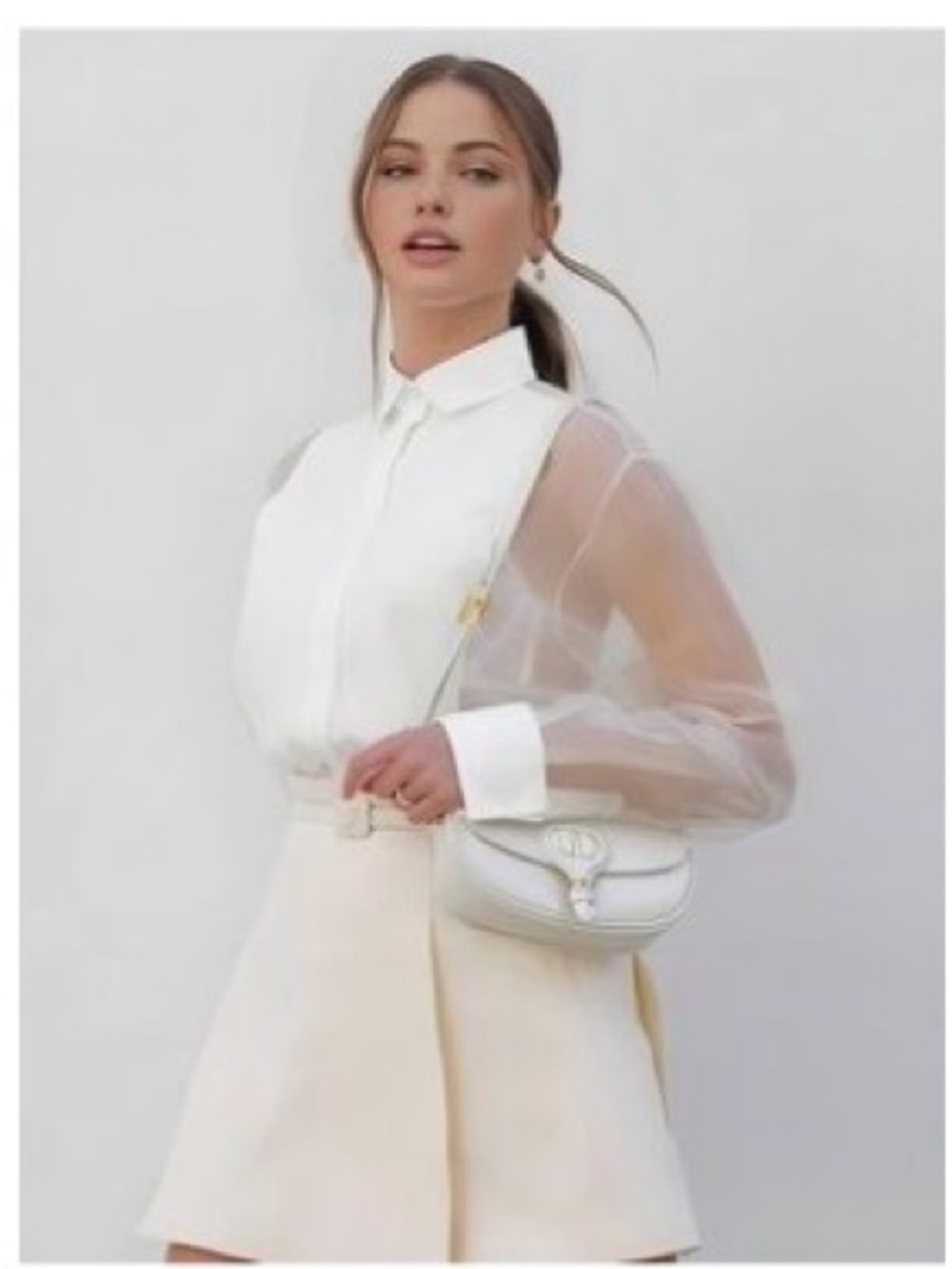 Commense Sheer-Sleeve White Blouse